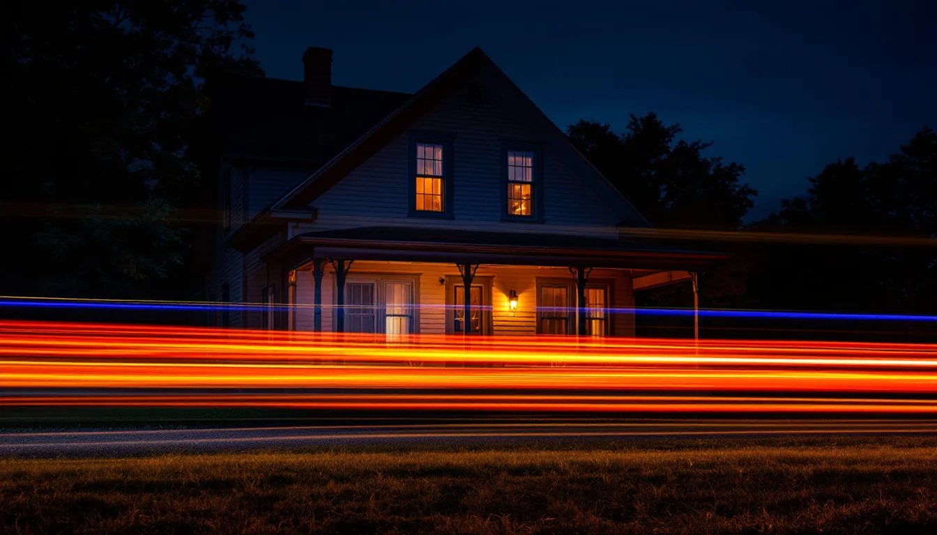A farmhouse facade at night crossed by sweeping amber light trails